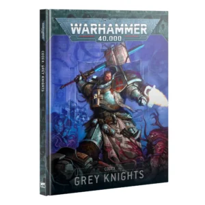 Livre officiel à couverture rigide pour le jeu de stratégie Warhammer 40,000, présenté debout et de trois-quarts. Le grand logo argenté de Warhammer 40,000 domine la partie supérieure de la couverture, incrusté sur une bordure gris foncé sculptée de reliefs de visages hurlants. L'illustration centrale met en scène un puissant Chevalier Gris en armure de plaques argentée et dorée, combattant au milieu d'une invasion démoniaque. Le guerrier, marqué d'une rune rouge sur le front, brandit une immense épée énergétique à deux mains dont la lame brille d'une lueur bleue électrique. Sur son armure dorsale est fixé un grand livre ouvert surmonté d'un crâne, tandis que son arme de poing intégrée tire une salve lumineuse vers la droite. Le fond de l'image baigne dans des teintes bleues et violettes saturées, révélant des silhouettes de monstres corrompus et de tentacules. En bas du livre, un encadré noir épuré indique l'inscription blanche "CODEX" suivie en grand du mot-clé codex grey knight au pluriel "GREY KNIGHTS". La tranche noire du livre, visible sur la gauche, répète verticalement le titre en anglais.