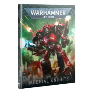 Livre officiel à couverture rigide pour le jeu de stratégie Warhammer 40,000, présenté de trois-quarts mettant en valeur sa couverture et sa tranche. Le grand logo argenté de Warhammer 40,000 domine la partie supérieure, incrusté sur une bordure supérieure gris-vert sculptée de reliefs de visages hurlants. L'illustration centrale de la couverture met en scène un colossal mécha de combat bipède en armure rouge vif, faisant face vers l'avant au milieu des explosions. Le robot géant fait feu simultanément avec un canon à plasma crachant une énergie bleu clair sur son bras droit et un canon lourd tirant des salves lumineuses sur son bras gauche, tandis que des missiles s'échappent de ses lanceurs dorsaux. L'arrière-plan de l'illustration mêle des teintes de vert radioactif et de flammes orangées au-dessus de ruines d'une cité impériale. En bas, l'inscription blanche épurée indique "CODEX IMPERIAL KNIGHTS". Sur la tranche noire du livre, on retrouve les mentions verticales blanches "WARHAMMER 40,000" et "CODEX: IMPERIAL KNIGHTS", complétées par le logo Citadel blanc tout en bas.
