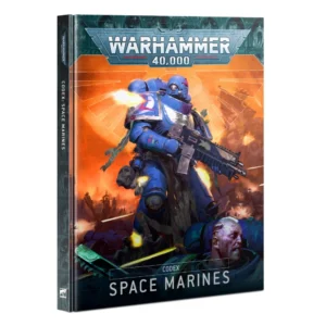 Hardcover book of the Codex: Space Marines (Anglais) rulebook for Warhammer 40,000, shown standing at a three-quarters angle to display its front cover and spine. The front cover features a vibrant and cinematic action illustration centered around an iconic Space Marine in bright blue Ultramarines power armor walking through a war zone. He is holding a black bolt rifle across his chest, with battle smoke and a glowing orange and yellow explosion illuminating the background behind a faint white imperial Aquila silhouette. In the bottom right foreground, the head of a battle-scarred, bare-headed Space Marine with cybernetic head implants is visible. The top of the cover displays the large metallic silver "Warhammer 40,000" logo. The bottom features a dark banner with the text "CODEX" and "SPACE MARINES" printed in clean white capital letters. The book's dark grey spine running down the left side repeats the vertical white title "CODEX: SPACE MARINES" and shows the small white Games Workshop logo at the bottom.