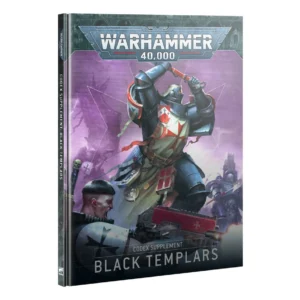 Front cover of the Warhammer 40,000 book, Codex Supplement Black Templars (Anglais). The illustration features a dramatic battle scene dominated by a Black Templar Space Marine in dark power armor, raising a weapon overhead against a purple-hued background. Other Space Marines, including one firing a red boltgun, are depicted in the foreground and background. The top of the cover displays the prominent silver "WARHAMMER 40,000" logo, while the bottom clearly shows the title text "CODEX SUPPLEMENT: BLACK TEMPLARS".