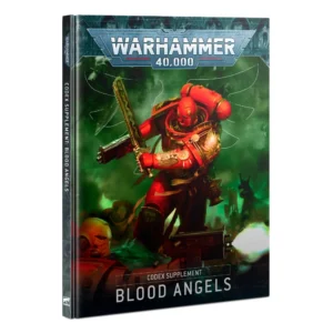 Hardcover book of the Codex Supplement: Blood Angels for the Warhammer 40,000 game, displayed standing and from a three-quarter angle to show its front cover and black left spine. The cover artwork features a Blood Angels Space Marine clad in bright red power armor and a helmet with glowing green eye lenses. The warrior is shown in mid-action, wielding a golden chainsword against a hazy, atmospheric emerald-green background. In the foreground on the bottom left, a soldier's helmet lies on the ground, while on the bottom right, a bolter rifle fires a shot represented by a bright white muzzle flash. The top of the cover features the large metallic grey "Warhammer 40,000" logo. At the bottom, the English title "CODEX SUPPLEMENT BLOOD ANGELS" appears in white capital letters. The black spine of the book repeats the same title written vertically.
