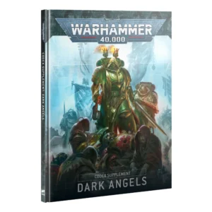 A perspective view of the hardback book cover for the Codex Supplement: Dark Angels (Anglais). The central artwork shows a stoic Space Marine at the center dressed in dark green power armor, a beige robe, and a matching hood. His backpack features two burning censors with glowing orange flames. He holds a glowing blue plasma pistol in one hand and a combat sword in the other, standing atop metallic battlefield debris. Around him, shadowy hooded figures in dark robes and another armored warrior appear against a background bathed in stark light-blue and white illumination. The silver metallic "WARHAMMER 40,000" logo is displayed at the top of the cover, while the white printed text "CODEX SUPPLEMENT" and "DARK ANGELS" is centered at the bottom. The title is also written vertically in white letters along the left spine of the book.