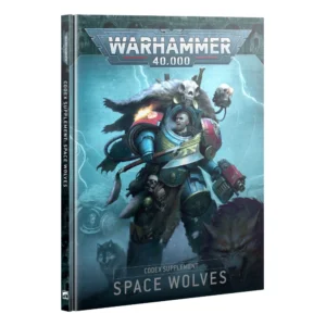 A perspective view of the hardback book cover for the Codex Supplement: Space Wolves (Anglais). The central artwork depicts a massive Space Wolves Wolf Lord in blue-grey Terminator armor shouting fiercely. He wears a massive wolf pelt across his shoulders adorned with an alien beast's skull, while wielding a large frost axe in one hand and a combi-weapon in the other. The background is filled with a bright blue energetic lightning storm, and the foreground shows dark silhouettes of snarling wolves with glowing eyes. The silver metallic "WARHAMMER 40,000" logo is prominently displayed at the top. At the bottom, the white printed text reads "CODEX SUPPLEMENT" and "SPACE WOLVES". The book's title is also printed vertically along the left spine.