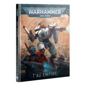 Vue de face de la couverture rigide du livre CODEX: T'AU EMPIRE (FRANCAIS) pour le jeu Warhammer 40,000. L'illustration centrale, aux tons chauds et sablonneux, met en scène une imposante exo-armure T'au blanche et rouge en pleine action, tirant avec ses systèmes d'armes énergétiques. Au premier plan, des Guerriers de Feu en armure de combat progressent, leurs armes projetant des lueurs bleu vif. Le logo officiel argenté "Warhammer 40,000" trône en haut de la page, tandis que la mention "CODEX T'AU EMPIRE" est inscrite en lettres blanches épurées sur la partie inférieure.