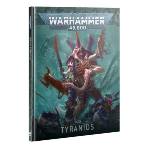 Livre officiel à couverture rigide pour le jeu de stratégie Warhammer 40,000, présenté debout et de trois-quarts. Le grand logo de couleur argentée et blanche de Warhammer 40,000 domine la partie supérieure de la couverture, incrusté sur une large bordure sculptée gris foncé. L'illustration centrale met en scène une créature monstrueuse extraterrestre, le Maître des Essaims ou un Prince Tyranide, à la peau rose pâle, doté d'une carapace dorsale violette et de pointes crâniennes rouges. Le monstre hurle, gueule grande ouverte, tout en brandit une immense épée bio-organique rouge vif d'une main et un puissant canon organique de l'autre. Il est entouré au premier plan par de plus petites créatures féroces de type Hormagaunts qui se ruent vers l'avant. Le fond de l'image affiche une teinte turquoise texturée, marquée par le tracé en transparence d'une icône de faction circulaire. En bas du livre, un encadré noir épuré indique l'inscription blanche "CODEX TYRANIDS", correspondant à l'ouvrage Codex: Tyranids (Français). La tranche noire du livre, visible sur le côté gauche, répète verticalement le titre du Codex ainsi que le logo de l'éditeur en bas.