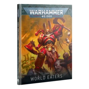 Vue en perspective de la couverture rigide du livre Codex: World Eaters, tel qu'illustré dans le fichier warhammer-40k-codex-world-eaters-anglais.webp. L'illustration de couverture met en scène un guerrier Space Marine du Chaos des World Eaters, imposant dans son armure rouge vif, brandissant une hache tronçonneuse dévastatrice au milieu d'un champ de bataille jonché de crânes humains, le tout baigné dans des teintes orangées apocalyptiques. Le logo argenté "WARHAMMER 40,000" est imprimé en haut de la couverture, tandis que le titre "CODEX WORLD EATERS" apparaît en lettres blanches épurées sur la partie inférieure du livre.