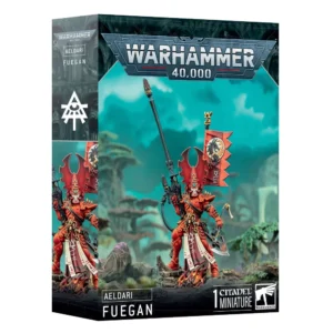 Boîte d'emballage officielle d'une figurine de personnage pour le jeu de stratégie Warhammer 40,000, présentée de trois-quarts. Le grand logo argenté de Warhammer 40,000 domine la partie supérieure, incrusté sur une bordure supérieure gris foncé sculptée de reliefs de visages hurlants. L'illustration centrale met en valeur Fuegan, le légendaire Seigneur Phénix des Dragons Flamboyants de la faction Aeldari, assemblé et peints. Ce guerrier mythique arbore une armure baroque rouge orangé vif, un casque pointu imposant flanqué de deux grandes ailettes dorsales en forme de croissants rouges, et un pagne blanc et bordeaux orné de runes. Il se tient fièrement sur des décombres rocheux d'où jaillissent de petites flammes rousses. D'une main, il brandit une immense pique de feu noire dirigée vers le haut, et de l'autre, il tient la Hache d'Agan, une arme de corps-à-corps argentée et sculptée. Une bannière dorsale orange représentant un dragon noir et blanc s'élève derrière son épaule gauche. Le fond de l'image présente un paysage mystique baigné d'une lueur turquoise révélant des arbres exotiques et des arches blanches de vaisseau-monde. En bas au centre, un encadré noir épuré indique les inscriptions blanches "AELDARI FUEGAN", flanquées de la mention "1 CITADEL MINIATURE" à droite, juste à côté du logo officiel de Warhammer Citadel. Le rabat latéral droit, d'une teinte gris-bleu sombre, montre l'icône runique blanche de la faction et un gros plan vertical du personnage.