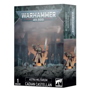 Boîte d'emballage officielle d'une figurine de personnage pour le jeu de stratégie Warhammer 40,000, présentée de trois-quarts. Le grand logo argenté de Warhammer 40,000 domine la partie supérieure, incrusté sur une bordure supérieure gris foncé sculptée de reliefs de visages hurlants. L'illustration centrale met en scène le Castellan Cadien (intitulé Astra Militarum Cadian Castellan en anglais) entièrement assemblé et peint. Cet officier supérieur de la Garde Impériale adopte une posture d'autorité, un pied posé sur un débris de brique. Il porte un long manteau beige ouvert sur une armure de torse verte aux bordures dorées, une casquette d'officier et une écharpe rouge bordeaux. De sa main droite, il pointe un pistolet bolter, tandis que sa main gauche brandit une longue épée énergétique argentée à la lame teintée de bleu électrique. Il progresse sur un monticule rocheux gris foncé, devant un arrière-plan de ruines urbaines gothiques dévastées sous un ciel de guerre brumeux aux reflets orangés. En bas au centre, un encadré noir épuré indique les inscriptions blanches "ASTRA MILITARUM CADIAN CASTELLAN", flanquées de la mention "1 MINIATURE" à gauche et du logo blanc officiel de Warhammer Citadel à droite. Le rabat latéral droit, d'une teinte gris-bleu sombre, montre un aperçu vertical partiel du personnage sous le même angle.