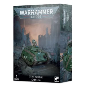 Boîte d'emballage officielle d'une figurine de véhicule pour le jeu de stratégie Warhammer 40,000, présentée de trois-quarts. Le grand logo argenté de Warhammer 40,000 domine la partie supérieure, incrusté sur une bordure supérieure gris foncé sculptée de reliefs de visages hurlants. L'illustration centrale met en scène le véhicule de transport blindé Chimera entièrement assemblé et peint. Le blindé arbore une coque robuste vert kaki, des chenilles métalliques et des marquages régimentaires blancs, dont le numéro 812. Il est équipé d'un multi-laser sur sa tourelle et d'un bolter lourd de coque à l'avant, tandis qu'un membre d'équipage équipé d'un casque émerge de la trappe supérieure ouverte de la tourelle. Le véhicule progresse sur une route pavée fissurée au milieu d'un paysage de ruines urbaines gothiques dévastées, sous un ciel de guerre sombre aux reflets orangés. En bas au centre, un encadré noir épuré indique les inscriptions blanches "ASTRA MILITARUM CHIMERA", flanquées de la mention "1 MINIATURE" à gauche et du logo blanc officiel de Warhammer Citadel à droite. Le rabat latéral droit, d'une teinte gris-bleu sombre, montre un aperçu vertical incliné du même blindé.