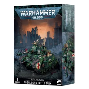 Boîte d'emballage officielle d'une figurine de véhicule pour le jeu de stratégie Warhammer 40,000, présentée de trois-quarts. Le grand logo argenté de Warhammer 40,000 domine la partie supérieure, incrusté sur une bordure supérieure gris foncé sculptée de reliefs de visages hurlants. L'illustration centrale met en scène le Char de Combat Rogal Dorn (intitulé Astra Militarum Rogal Dorn Battle Tank en anglais) entièrement assemblé et peint. Ce blindé lourd de l'Astra Militarum arbore une coque massive et anguleuse de couleur vert kaki, surmontée d'une large tourelle armée de deux canons jumelés. Il possède également un canon de coque à l'avant, des mitrailleuses latérales sur les flancs et progresse sur de larges chenilles métalliques texturées. Le char avance au milieu de décombres de ruines gothiques et de gravats gris foncé, sous un ciel de guerre obscurci par une fumée épaisse et de vives explosions orangées. En bas au centre, un encadré noir épuré indique les inscriptions blanches "ASTRA MILITARUM ROGAL DORN BATTLE TANK", flanquées de la mention "1 MINIATURE" à gauche et du logo blanc officiel de Warhammer Citadel à droite. Le rabat latéral droit, d'une teinte gris-bleu sombre, montre un aperçu vertical partiel du char lourd sous le même angle.
