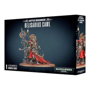 Boîte d'emballage cartonnée officielle de Citadel Miniatures vue de trois-quarts, présentant le personnage de Belisarius Cawl pour le jeu Warhammer 40,000. L'illustration sur fond bleu nuit met en valeur une figurine massive et extrêmement détaillée, fusionnant chair et technologie. Le personnage porte une longue bure rouge drapée et déchirée qui s'étale sur le sol, dissimulant une multitude de jambes mécaniques arachnéennes et de chenilles robotiques. Son corps est surchargé de bras articulés, de câbles, de capteurs, de fioles lumineuses et de servo-crânes flottants. Il brandit haut un immense bâton de fonction surmonté d'un rouage doré orné d'un crâne et d'une longue pointe métallique. Les mentions textuelles blanches "ADEPTUS MECHANICUS BELISARIUS CAWL" trônent au sommet de la boîte. Le coin inférieur gauche indique "1 CITADEL MINIATURE" et le coin inférieur droit affiche le logo officiel gris et blanc "WARHAMMER 40,000". Le flanc droit de la boîte montre un gros plan de la même figurine sous un angle différent.