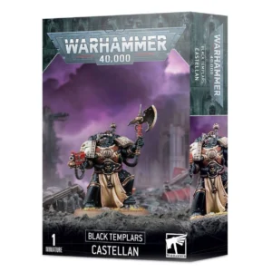 Boîte d'emballage pour une figurine du jeu Warhammer 40,000 représentant le personnage Castellan Black Templars. Le visuel montre la figurine peinte d'un Space Marine en armure assistée noire et plaques d'épaules blanches, arborant un tabard en tissu beige. Il tient d'une main un pistolet bolter rouge et de l'autre une hache énergétique ornée d'un crâne. La figurine repose sur un socle rocailleux gris devant un paysage de ruines sous un ciel nuageux teinté de violet. Le haut de la boîte affiche le logo gris métallique « Warhammer 40,000 », tandis que la partie inférieure noire porte les inscriptions « 1 Miniature », « Black Templars », « Castellan » et le logo carré blanc de la marque.