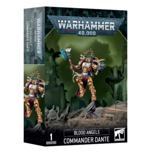 Boîte d'emballage cartonnée officielle de Games Workshop vue de trois-quarts, présentant le kit de figurine du Commandeur Dante (Commander Dante) pour la faction Blood Angels de Warhammer 40,000. L'illustration centrale met en scène le personnage en armure de puissance intégrale d'or poli, ornée de muscles sculptés, d'un masque mortuaire doré, d'une couronne de laurier verte et d'un halo de fer rayonnant. Équipé d'un réacteur dorsal, il est figé dans une pose de saut dynamique, prenant appui sur une poutre métallique tordue émergeant d'un sol de gravats gris. Il brandit une imposante hache énergétique à la lame bleutée et ailée de blanc dans sa main droite, et pointe un pistolet de sa main gauche. L'arrière-plan dépeint un paysage brumeux et sombre aux teintes vert olive révélant des structures gothiques en ruine. Le sommet de la boîte affiche le logo métallique gris "Warhammer 40,000". Le bandeau noir inférieur comporte les inscriptions blanches "1 MINIATURE", "BLOOD ANGELS" et "COMMANDER DANTE", accompagnées du logo de l'aigle blanc de Games Workshop dans le coin inférieur droit. Le flanc gauche de l'emballage montre une vue verticale partielle de la même boîte de produit.