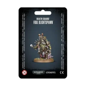 Emballage sous blister officiel d'une figurine de personnage pour le jeu de stratégie Warhammer 40,000, présenté de face avec une fente d'accroche au sommet. Sur un fond gris foncé uni, l'illustration centrale présente le personnage entièrement assemblé et peint sur son socle. Ce guerrier de la faction Death Guard, connu sous le nom de Corrupteur Nidoreux, porte une armure énergétique massive vert olive corrodée et ornée de garnitures en bronze rouillé. Il est équipé d'un appareil respiratoire facial et d'un imposant réservoir dorsal relié à un alambic chimique crachant un liquide verdâtre. De sa main droite, il brandit un instrument de mesure ou un pistolet injecteur surmonté d'un crâne, tandis qu'une petite créature de Nurgle (un Nurgling) violette rampe à ses pieds sur la droite. En haut, l'inscription en lettres capitales blanches indique "DEATH GUARD FOUL BLIGHTSPAWN". En bas, le logo officiel noir et vert de Warhammer 40,000 est entouré du logo blanc Citadel à sa droite et des pictogrammes réglementaires.