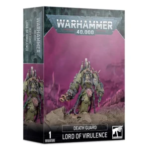 Boîte d'emballage officielle d'une figurine de personnage pour le jeu de stratégie Warhammer 40,000, présentée de trois-quarts. Le grand logo argenté de Warhammer 40,000 domine la partie supérieure, incrusté sur une bordure supérieure gris-vert sculptée de reliefs de visages hurlants. L'illustration centrale met en scène le redoutable Seigneur de la Virulence (intitulé Death Guard Lord of Virulence en anglais) entièrement assemblé et peint. Ce puissant commandant du Chaos porte une armure Terminator massive vert olive, profondément marquée par la corruption, la rouille et des détails organiques bulbeux couleur chair sur le ventre. Il arbore un casque à grille faciale et un réseau complexe de cheminées d'échappement et de tuyaux crachant des vapeurs sur son dos. De sa main droite, il brandit une imposante arme de tir double à canon jumelé corrodée, tandis que son autre bras se termine par une griffe acérée d'où pendent des éléments visqueux. Le personnage se tient debout sur un sol rocheux et accidenté brun foncé, devant un arrière-plan brumeux baigné d'une dense vapeur toxique violette et rose. En bas au centre, un encadré noir épuré indique les inscriptions blanches "DEATH GUARD LORD OF VIRULENCE", flanquées de la mention "1 MINIATURE" à gauche et du logo blanc officiel de Warhammer Citadel à droite. Le rabat latéral gauche montre un aperçu vertical du personnage sous le même angle.