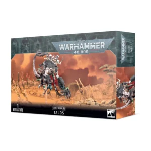 Boîte d'emballage officielle d'une figurine d'unité pour le jeu de stratégie Warhammer 40,000, présentée de trois-quarts. Le grand logo argenté de Warhammer 40,000 domine la partie supérieure, incrusté sur une bordure supérieure gris-vert sculptée de reliefs de visages hurlants. L'illustration centrale met en scène la machine biomécanique cauchemardesque entièrement assemblée et peinte, correspondant à la figurine Talos. On y observe cette créature xenos monstrueuse flottant au-dessus du sol grâce à une tige transparente, arborant des plaques de blindage segmentées noir mat, une queue de scorpion métallique articulée se redressant vers l'arrière, et de multiples appendices chirurgicaux barbelés et fléaux terminés par des pinces et des fioles de sérum vert brillant. Le monstre évolue au milieu d'un paysage extraterrestre désertique et aride aux teintes ocres sous un ciel embrumé de couleur orange et jaune vif, parsemé de pointes rocheuses et d'arbres étranges. En bas au centre, un encadré noir épuré indique les inscriptions blanches "DRUKHARI TALOS", flanquées de la mention "1 MINIATURE" à gauche et du logo officiel blanc de Warhammer Citadel à droite. Le rabat latéral droit montre un aperçu vertical de ce même monstre sous le même angle.