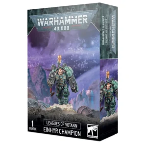 Boîte de produit officielle Warhammer 40,000 présentant le kit de figurine du Champion Einhyr (Einhyr Champion). L'illustration principale montre un guerrier trapu en armure assistée lourde de couleur vert émeraude et grise, avançant fièrement sur un sol rocheux et sombre. Le personnage arbore une crête de cheveux rousse et des optiques cybernétiques. Il est équipé d'un imposant marteau de mêlée et d'un bouclier de bras intégrant une arme de tir. L'arrière-plan dépeint un paysage extraterrestre brumeux aux teintes violettes et bleues. Le grand logo gris "Warhammer 40,000" domine le haut de la boîte. La bande noire inférieure indique textuellement "1 Miniature", "Leagues of Votann - Einhyr Champion" et affiche le logo blanc de la marque Citadel.