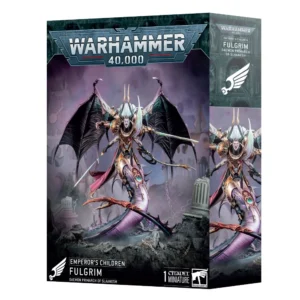 Vue de face de la boîte de jeu Warhammer 40,000 présentant la figurine impressionnante de Fulgrim – Primarque Démon de Slaanesh. La créature démoniaque est au centre de l'illustration, dotée d'ailes noires déployées, d'un corps serpentin inférieur teinté de violet, et d'une armure ornementée dorée, brandissant plusieurs lames dans une posture menaçante. En haut de la boîte, le logo métallique "WARHAMMER 40,000" est bien visible, tandis que les inscriptions "EMPEROR'S CHILDREN FULGRIM DAEMON PRIMARCH OF SLAANESH" apparaissent clairement sur le côté droit et en bas du packaging, accompagnées de la mention "1 CITADEL MINIATURE" et du logo de la marque en bas à droite.