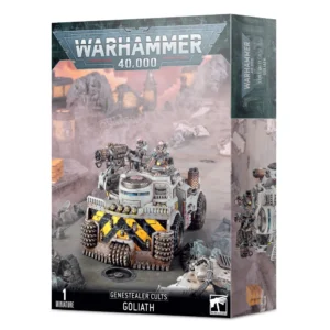 Boîte de produit officielle Warhammer 40,000 présentant le kit de véhicule du Goliath Rockgrinder pour la faction des Genestealer Cults. L'illustration principale met en scène un imposant camion minier blindé de couleur grise et beige, équipé à l'avant d'une lourde lame de bulldozer à bandes obliques jaunes et noires et de rouleaux broyeurs métalliques. Deux membres d'équipage humains mutants sont installés à l'arrière, l'un maniant une arme lourde rotative. Le véhicule progresse au milieu de décombres industriels et de rochers sous un ciel brumeux teinté d'orange. Le grand logo gris "Warhammer 40,000" trône en haut de la boîte. La bande noire inférieure indique à gauche "1 Miniature", au centre "Genestealer Cults - Goliath", et affiche le logo blanc Citadel à droite.