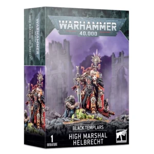 Boîte de produit officielle Warhammer 40,000 présentant la figurine du Grand Sénéchal Helbrecht pour la faction des Black Templars. L'illustration principale montre le chef suprême vêtu d'une armure d'apparat dorée et noire richement sculptée, surmontée d'un grand halo de fer orné d'un crâne et de bougies. Il se tient debout sur un sol rocheux, son épée pointée vers le bas où un serviteur s'affaire à essuyer la lame enjambant le cadavre d'un Orque vert. Un second serviteur se trouve à sa droite, portant une arme lourde et un encensoir. Le décor en arrière-plan affiche des ruines gothiques sous un ciel violet sombre. Le logo « Warhammer 40,000 » est visible en haut, tandis que les mentions « 1 Miniature », « Black Templars », « High Marshal Helbrecht » et le logo Citadel figurent en bas du packaging.
