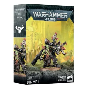 Boîte de produit officielle Warhammer 40,000 présentant le kit de figurine Ork pour le Gros Mek (Big Mek). L'illustration principale montre un Ork imposant à la peau verte portant une armure lourde noire et métallique, équipée d'un énorme canon mécanique d'allure bionique et d'un mât dorsal surmonté de rouages. Le fond de l'image présente des teintes jaunes et des ruines de bâtiments de guerre. Le logo gris "Warhammer 40,000" est situé en haut au centre, tandis que le bandeau inférieur noir indique "Orks", "Big Mek" et la mention "1 Citadel Miniature" avec le logo de la marque.