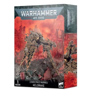 Boîte d'emballage officielle d'une figurine de monstre volant pour le jeu de stratégie Warhammer 40,000, présentée de trois-quarts. Le grand logo argenté de Warhammer 40,000 domine le haut de la boîte sur une bordure supérieure gris foncé. L'illustration centrale met en scène le Métadrak (nommé Heldrake en anglais), une immense machine-démon volante prenant la forme d'un dragon cybernétique du Chaos. La créature mécanique possède des ailes segmentées aux plaques noires bordées d'or corrompu, évoquant de la lave solidifiée, et s'apprête à fondre sur sa proie depuis un amas de décombres industriels et de tuyaux brisés. L'arrière-plan apocalyptique est baigné d'une lueur rouge et orangée intense, dévoilant les ruines imposantes d'une cité gothique en flammes. En bas au centre, les inscriptions blanches indiquent "CHAOS SPACE MARINES HELDRAKE", tandis que la mention "1 MINIATURE" et le logo blanc officiel de Warhammer encadrent le bas de la boîte. Le rabat latéral droit, d'une teinte bleu-vert sombre, montre un gros plan du monstre.