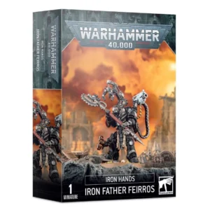 Vue en perspective de la boîte de jeu Warhammer 40,000 présentant la figurine du Révérend de Fer Feirros pour la faction des Iron Hands. Au centre, le personnage est représenté dans une pose de commandement, vêtu d'une armure noire cybernétique, brandissant une hache énergétique massive d'une main et équipé d'un fusil bolter spécial dans l'autre. Un bras mécanique complexe est fixé sur son paquetage dorsal. Il se tient sur un socle rocheux texturé au milieu d'un paysage de ruines gothiques sous un ciel aux teintes orangées et fumées. Le logo argenté "WARHAMMER 40,000" est situé en haut. Le bandeau noir en bas de la boîte affiche les mentions blanches "IRON HANDS", "IRON FATHER FEIRROS", "1 MINIATURE" et le logo blanc de la marque Warhammer dans le coin inférieur droit. La tranche latérale gauche rappelle également "IRON HANDS" et "IRON FATHER FEIRROS".