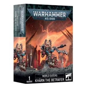 Photo de la boîte de jeu représentant le héros du Chaos Khârn le Félon pour Warhammer 40,000. L'illustration principale présente le guerrier en armure rouge iconique, orné de trophées macabres et brandissant son pistolet à plasma ainsi que sa célèbre hache tronçonneuse, positionné sur un socle rocheux. Le décor de fond est composé de ruines baignées dans une lumière enflammée aux tons orangés. La boîte affiche le logo "WARHAMMER 40,000" en haut, ainsi que les mentions "WORLD EATERS" et "KHÂRN THE BETRAYER" sur les côtés. En bas, il est indiqué "1 MINIATURE" à côté du logo "CITADEL".
