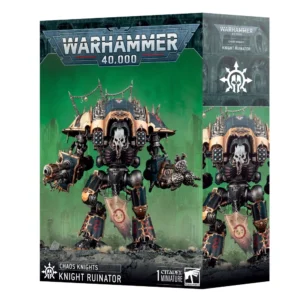 Boîte de produit Warhammer 40,000 pour les Chaos Knights présentant le Chevalier Ruineur. L'illustration montre un immense mecha de guerre anthropomorphe à l'armure noir bleuté et aux bordures en bronze. La machine est hérissée de pointes, de chaînes décorées de crânes, et arbore un masque de tête de mort animale. Elle est équipée d'un canon lourd sur un bras et d'une gigantesque arme rotative à lames sur l'autre. Le fond vert de la boîte laisse apparaître des ruines gothiques sombres, avec le logo Warhammer 40,000 bien visible au-dessus.