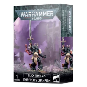 Boîte de produit officielle Warhammer 40,000 présentant la figurine du Champion de l'Empereur pour la faction des Black Templars. L'illustration centrale montre un guerrier Space Marine en armure énergétique noire et tabard crème, brandissant fièrement une grande épée droite à deux mains vers le ciel, attachée à son poignet par une chaîne. Son épaulette blanche arbore la croix noire stylisée de son chapitre. Le décor en arrière-plan affiche des ruines gothiques estompées sous un ciel brumeux violet. Le logo « Warhammer 40,000 » est visible en haut, tandis que les mentions « 1 Miniature », « Black Templars », « Emperor's Champion » et le logo Citadel figurent en bas du packaging.