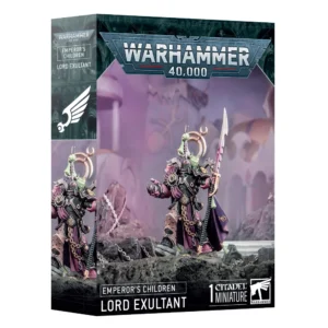 Photo de la boîte de jeu pour le Seigneur Exultant de l'armée des Emperor's Children, dans l'univers Warhammer 40,000. Au centre de l'illustration, la figurine peinte représente un guerrier en armure noire et violette, brandissant une longue épée et portant un symbole héraldique en forme de croissant derrière la tête. Il se tient debout sur un socle rocheux entouré de chaînes métalliques, devant un arrière-plan flou de structures architecturales oniriques et violettes. Le haut de la boîte porte le logo bleu "WARHAMMER 40,000" et le bas affiche le nom du personnage en lettres capitales blanches, accompagné du logo "Citadel Miniature".