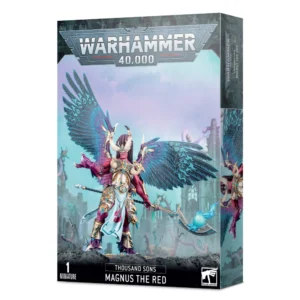 Boîte de produit officielle Warhammer 40,000 présentant la figurine de Magnus le Rouge, Primarque Démon de Tzeentch pour la faction des Thousand Sons. L'illustration montre un immense démon anthropomorphe à la peau rouge et aux cornes proéminentes, doté de gigantesques ailes de plumes bleu-violet. Il est vêtu d'une armure ornée dorée et blanche et brandit une grande lame de vouge surmontée d'une sphère d'énergie magique bleue. Le décor en arrière-plan affiche des ruines gothiques brumeuses sous un ciel pastel. Le logo « Warhammer 40,000 » est visible en haut, tandis que les mentions « 1 Miniature », « Thousand Sons », « Magnus The Red » et le logo Citadel figurent en bas du packaging.