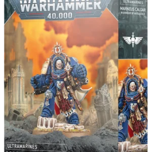 Vue en perspective de la boîte de jeu représentant Marneus Calgar en Armure d'Antilochus, le chef légendaire des Ultramarines. La figurine, au centre, est vêtue d'une armure énergétique bleue richement détaillée avec des gantelets massifs, posée sur un socle rocheux devant un décor de champ de bataille en ruines aux tons orange vif et fumés. Le logo argenté "Warhammer 40,000" domine le haut de l'emballage. En bas, sur un bandeau noir, le texte affiche "Ultramarines", "Marneus Calgar in Armour of Antilochus", ainsi que la mention "1 Citadel Miniature" à côté du logo blanc carré de Warhammer. La tranche supérieure droite répète le nom du personnage sous le symbole de l'épée ailée.