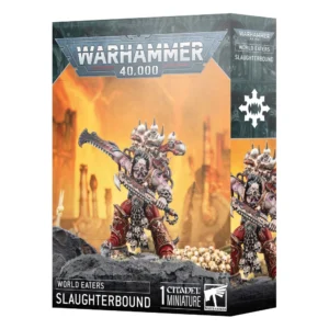 Vue en perspective de la boîte de jeu Warhammer 40,000 présentant la figurine de l'Occilié de l'armée des World Eaters. L'illustration centrale met en scène un guerrier du Chaos imposant, paré d'une armure rouge et dorée ornée de chaînes et de crânes, brandissant une épée tronçonneuse dans un décor de champ de bataille aux tons orangés et enflammés. Le logo "WARHAMMER 40,000" est imprimé en haut de la boîte, tandis que les inscriptions "World Eaters" et "Slaughterbound" apparaissent clairement sur les faces latérales. Le bas du packaging indique "1 CITADEL MINIATURE" avec le logo de la marque.