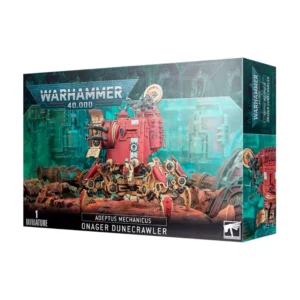 Boîte d'emballage cartonnée officielle de Games Workshop présentant la figurine du marcheur de combat Onager Dunecrawler pour la faction Adeptus Mechanicus de Warhammer 40,000. L'illustration centrale met en scène un imposant véhicule mécanique rouge vif pourvu de quatre pattes articulées de couleur sable et acier, se déplaçant sur un sol désertique ocre. La coque centrale du blindé est marquée d'une bande verticale blanche arborant l'icône de la roue dentée et du crâne, ainsi que le numéro 74. Le marcheur est équipé d'un lourd canon d'artillerie sur le flanc et d'une mitrailleuse de défense près de la trappe supérieure. Le décor en arrière-plan dépeint un complexe industriel de monde-forge baigné dans une brume lumineuse turquoise et verte. Le logo métallique de "Warhammer 40,000" est visible en haut à gauche. Le bandeau noir inférieur affiche les inscriptions blanches "1 MINIATURE", "ADEPTUS MECHANICUS", "ONAGER DUNECRAWLER" et le logo blanc de Games Workshop.