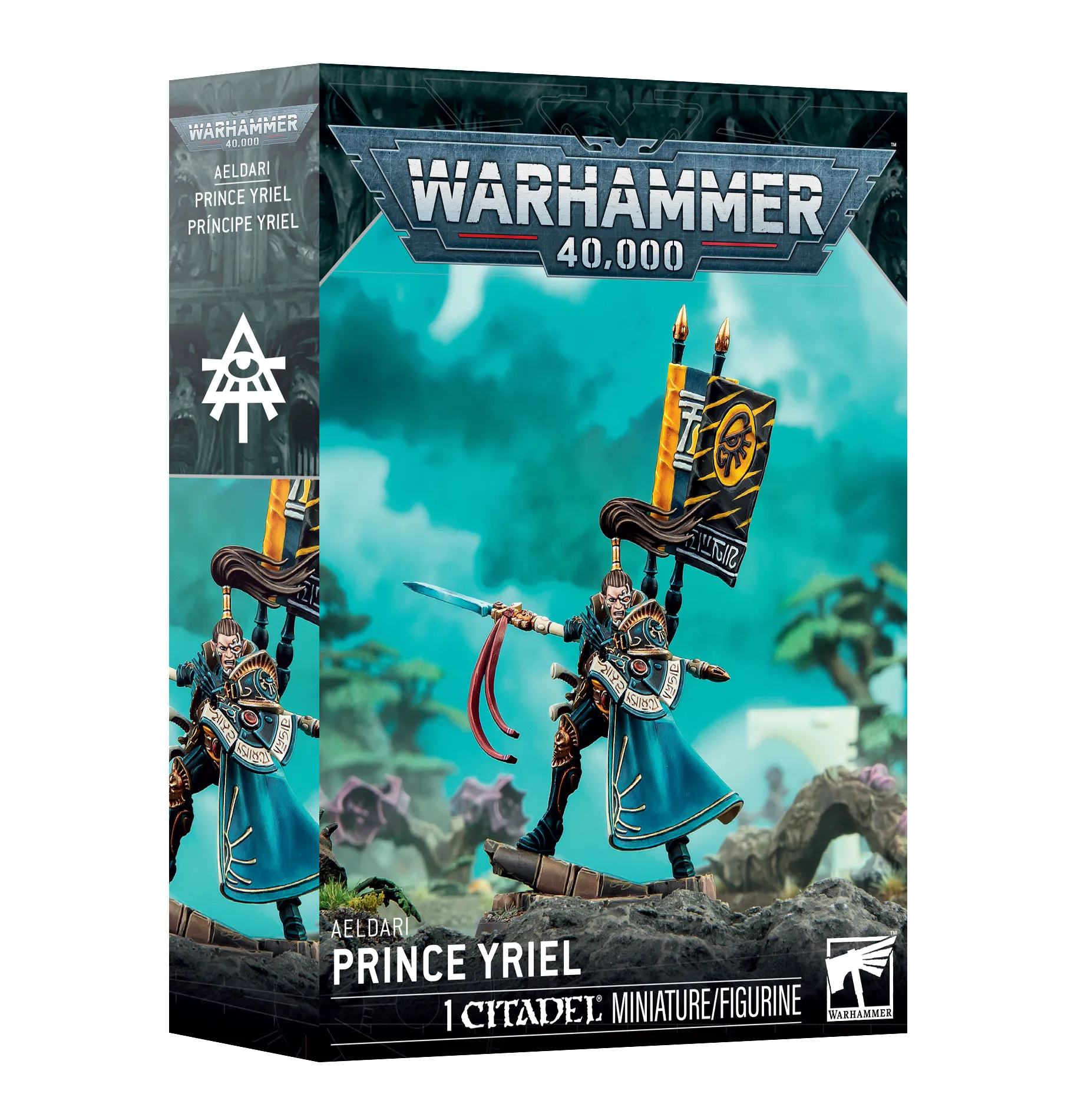Boîte d'emballage officielle de la figurine Prince-Yriel pour le jeu Warhammer 40,000. Le logo argenté emblématique de Warhammer 40,000 est positionné en haut au centre sur un fond gris sombre texturé. L'illustration centrale met en scène le personnage du Prince-Yriel, un leader extraterrestre Aeldari fièrement campé sur un débris de ruine au milieu d'un sol rocheux gris. Il porte une armure noire, une longue cape turquoise bordée de dorures et une haute queue de cheval brune. D'une main, il brandit sa lance d'énergie pointée vers l'avant, ornée de rubans rouges, tandis qu'une bannière dorsale noire et jaune floquée d'un œil stylisé s'élève derrière lui. L'arrière-plan dépeint un paysage extraterrestre brumeux aux teintes turquoise avec des arbres aux formes étranges. En bas de la boîte, les inscriptions en lettres capitales blanches affichent "AELDARI PRINCE YRIEL" et "1 CITADEL MINIATURE/FIGURINE" à côté du logo blanc Citadel de Warhammer. Le côté gauche de la boîte montre un gros plan du personnage ainsi que le symbole runique blanc de sa faction.