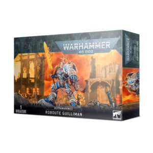 Vue en perspective de la boîte de figurine Warhammer 40,000 mettant en avant le Primarque Roboute Guilliman. Au centre de l'illustration, le héros est représenté dans une armure bleue et dorée richement ornée, brandissant l'Épée de l'Empereur aux flammes ardentes, avec une auréole ailée imposante dans le dos, le tout posé sur un socle rocheux devant un paysage urbain en ruines sous un ciel orange incandescent. Le logo argenté "WARHAMMER 40,000" domine le haut de la boîte, tandis que le bandeau noir en bas de l'emballage affiche en lettres blanches "ULTRAMARINES" et "ROBOUTE GUILLIMAN", accompagné de la mention "1 MINIATURE" à gauche et du logo blanc carré de Warhammer à droite.