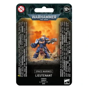Emballage cartonné officiel de la figurine Lieutenant Space Marine pour le jeu Warhammer 40,000. En haut, le logo officiel bleu et blanc « Warhammer 40,000 » se détache sur un fond de visages sculptés dans la roche sombre. Au centre, une illustration montre le Lieutenant en armure énergétique bleue des Ultramarines, équipé d'un gantelet énergétique au bras droit et d'un pistolet à plasma dans la main gauche. Il pose fièrement devant un arrière-plan d'explosions et de fumée orange vif. Le bas du blister, de couleur noire, comporte un encadré avec les mentions textuelles « Space Marines » et « Lieutenant » traduites en plusieurs langues, ainsi que le logo de l'aigle de Warhammer dans le coin inférieur droit.