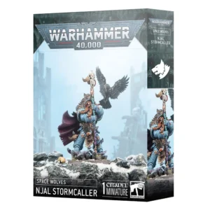 Boîte d’emballage officielle de la figurine SPACE WOLVES: NJÁL STORMCALLER pour le jeu Warhammer 40,000. Le logo argenté "Warhammer 40,000" domine le haut de la boîte sur fond bleu glacier. L'illustration centrale présente la figurine assemblée et peinte de Njál, un guerrier en armure assistée bleu-gris ornée de runes lumineuses, d'une cape pourpre et d'une coiffe en peau de loup. Il brandit un bâton runique surmonté d'un crâne, tandis qu'un corbeau cybernétique noir déploie ses ailes à ses côtés. La figurine est posée sur un socle rocheux et enneigé. En bas de la boîte, les inscriptions blanches indiquent "Space Wolves Njál Stormcaller" à côté du logo "1 Citadel Miniature".