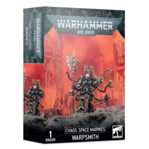 Boîte d'emballage officielle de figurine pour le jeu de stratégie Warhammer 40,000, présentée de trois-quarts. Le grand logo argenté de Warhammer 40,000 domine le haut de la boîte, incrusté sur une bordure supérieure gris foncé texturée de reliefs de visages hurlants. L'illustration centrale met en scène un Techmancien (Warpsmith en anglais), un cyber-guerrier des Space Marines du Chaos en armure noire et dorée massive ornée de chaînes et d'un crâne sur la taille. Il arbore un râtelier dorsal d'où s'élèvent de nombreux tentacules mécaniques articulés et serpentins terminés par des pinces et des armes, ainsi que deux cheminées d'échappement. Le personnage brandit une immense hache dentelée d'une main et vise avec un pistolet de l'autre. Il est représenté sur un sol rocheux gris foncé, devant un arrière-plan apocalyptique embrasé de lumière rouge et orange dévoilant des ruines industrielles gothiques détruites. En bas au centre, les inscriptions blanches indiquent "CHAOS SPACE MARINES WARPSMITH", flanquées de la mention "1 MINIATURE" à gauche et du logo blanc de Warhammer à droite. Le rabat latéral droit, d'une teinte gris-bleu texturée, montre un aperçu de la figurine de profil.