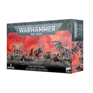 Boîte d'emballage officielle d'une boîte d'unité pour le jeu de stratégie Warhammer 40,000, présentée de trois-quarts. Le grand logo argenté de Warhammer 40,000 domine le haut de la boîte, incrusté sur une bordure supérieure gris foncé ornée de reliefs de visages hurlants. L'illustration centrale met en scène l'ensemble des figurines de la boîte de Cultistes Maudits (intitulée Accursed Cultists en anglais), montrant une suite de 8 créatures cauchemardesques et profondément mutées par le Chaos. On y observe des mutants à forme humaine dotés de griffes acérées et des énormes tourmentés difformes aux membres hypertrophiés, dont un possédant de grandes ailes de chauve-souris déchirées et un autre pourvu de tentacules et de cornes massives. Les figurines assemblées et peintes progressent en ligne sur un sol de décombres rocheux gris foncé, devant un arrière-plan apocalyptique embrasé de lumière rouge et orange dévoilant les ruines imposantes d'une cité gothique industrielle détruite. En bas au centre, les inscriptions blanches indiquent "CHAOS SPACE MARINES ACCURSED CULTISTS", flanquées de la mention "8 MINIATURES" à gauche et du logo blanc officiel de Warhammer à droite. Le rabat latéral droit, d'une teinte bleu-vert sombre texturée, montre un gros plan de ces créatures mutantes.