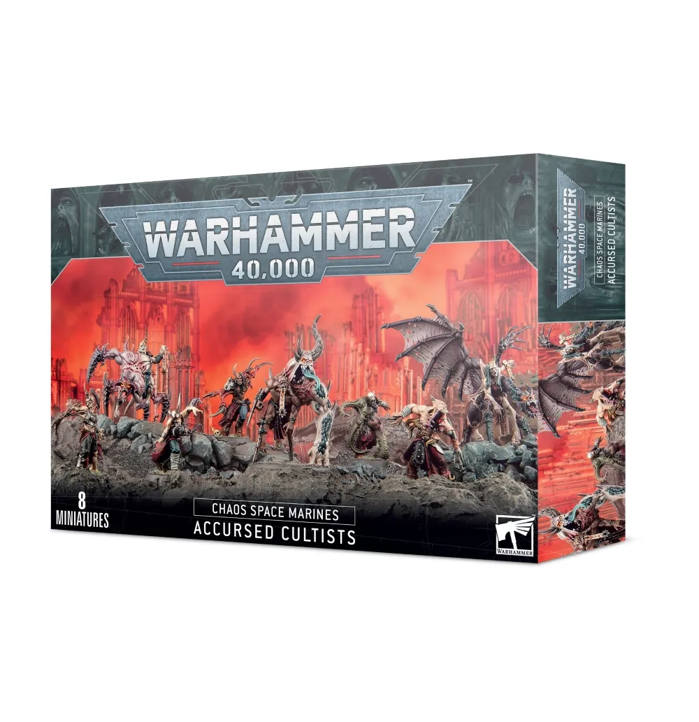 Boîte d'emballage officielle d'une boîte d'unité pour le jeu de stratégie Warhammer 40,000, présentée de trois-quarts. Le grand logo argenté de Warhammer 40,000 domine le haut de la boîte, incrusté sur une bordure supérieure gris foncé ornée de reliefs de visages hurlants. L'illustration centrale met en scène l'ensemble des figurines de la boîte de Cultistes Maudits (intitulée Accursed Cultists en anglais), montrant une suite de 8 créatures cauchemardesques et profondément mutées par le Chaos. On y observe des mutants à forme humaine dotés de griffes acérées et des énormes tourmentés difformes aux membres hypertrophiés, dont un possédant de grandes ailes de chauve-souris déchirées et un autre pourvu de tentacules et de cornes massives. Les figurines assemblées et peintes progressent en ligne sur un sol de décombres rocheux gris foncé, devant un arrière-plan apocalyptique embrasé de lumière rouge et orange dévoilant les ruines imposantes d'une cité gothique industrielle détruite. En bas au centre, les inscriptions blanches indiquent "CHAOS SPACE MARINES ACCURSED CULTISTS", flanquées de la mention "8 MINIATURES" à gauche et du logo blanc officiel de Warhammer à droite. Le rabat latéral droit, d'une teinte bleu-vert sombre texturée, montre un gros plan de ces créatures mutantes.