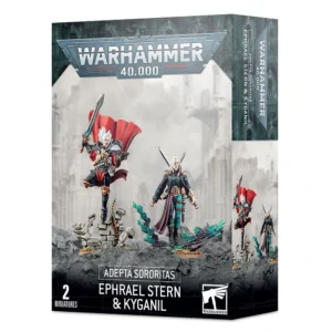 Boîte de produit pour le set ADEPTA SORORITAS EPHRAEL STERN & KYGANIL de Warhammer 40,000, illustrée par le fichier https___trade.games-workshop.com_assets_2022_02_TR-40-50-99120108065-Daemonifuge Ephrael Stern and Kyganil.jpg. L'emballage cartonné affiche le grand logo gris métallique "Warhammer 40,000" en haut. Au centre, la photo présente deux figurines assemblées et peintes sur un fond de ruines gothiques brumeuses. À gauche, Ephrael Stern, une Sœur de Bataille aux cheveux blancs et à la cape rouge dynamique, s'élance d'un débris de mur en brandissant une épée d'énergie. À droite, Kyganil, un Paria Arlequin Elfe en manteau long noir et vert, se tient debout, entouré d'effets visuels de pixels technologiques verts au sol. Le bas de la boîte, de couleur noire, indique "Adepta Sororitas Ephrael Stern & Kyganil", la mention "2 Miniatures" et le logo blanc de Citadel Warhammer.