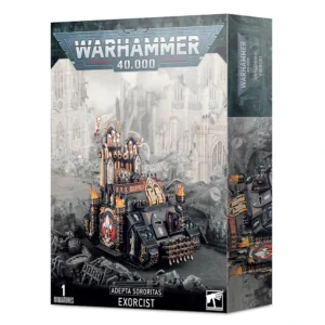 Boîte d'emballage du produit Warhammer 40,000 présentant le char de combat Exorcist pour la faction Adepta Sororitas. L'illustration centrale montre un imposant véhicule blindé noir à chenilles, orné de motifs gothiques dorés, de vitraux sculptés et de symboles de fleurs de lys blanches sur fond rouge. L'élément le plus marquant à l'arrière du char est un gigantesque orgue dont les tuyaux servent de lance-missiles, surmonté de deux statues de chérubins ailés. Le blindé évolue au milieu de ruines de cathédrales futuristes et de débris de guerre grisâtres. En haut de la boîte trône le logo officiel gris et blanc "Warhammer 40,000", tandis que le bas de la boîte affiche les mentions "Adepta Sororitas", "Exorcist", "1 Miniatures" et le logo blanc de Citadel / Games Workshop. Le côté latéral droit de la boîte montre un aperçu partiel du véhicule sous un autre angle.