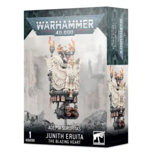 Boîte de produit officielle pour la figurine ADEPTA SORORITAS JUNITH ERUITA de Warhammer 40,000. L'illustration centrale montre Junith Eruita debout sur la Chaire du Phare de Sabbat, un pupitre volant massif en forme d'aigle bicéphale sculpté dans une roche claire. Elle tient un sceptre sacré, entourée de deux grands brasiers allumés. Sous la structure flottante, deux lance-flammes lourds et des détails de crânes sont visibles. Le fond présente un paysage de ruines gothiques brumeuses. En haut de la boîte trône le logo argenté "Warhammer 40,000", et en bas, les inscriptions textuelles "Adepta Sororitas", "Junith Eruita The Blazing Heart" ainsi que le logo blanc Games Workshop.