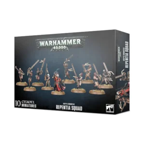 Boîte de produit officielle pour le jeu de figurines Warhammer 40,000 montrant l'emballage de l'Adepta Sororitas Repentia Squad, correspondant au fichier https___trade.games-workshop.com_assets_2020_03_TR_99120108036_SoBRepSquadStock.jpg. La boîte en carton rigide affiche un fond gris foncé texturé. En haut au centre, le logo imposant et métallique de "WARHAMMER 40,000" est bien visible. Sur l'illustration principale, dix figurines Citadel peintes à la main sont alignées sur des socles décorés d'herbe sèche et de terre. Neuf d'entre elles sont des Sœurs Repentia en haillons et aux membres bandés, brandissant dynamiquement de lourdes épées tronçonneuses nommées Eviscerators. Au premier plan, la dixième figurine est une Repentia Superior vêtue d'une armure énergétique noire et d'une longue robe rouge, brandissant deux fouets neurorégulateurs. En bas à gauche, l'inscription blanche "10 CITADEL MINIATURES" est visible. En bas au centre, la mention "ADEPTA SORORITAS REPENTIA SQUAD" identifie l'ESCOUADE REPENTIA. Le logo blanc carré de Warhammer est placé dans le coin inférieur droit, tandis que la tranche droite de la boîte répète le titre du produit.