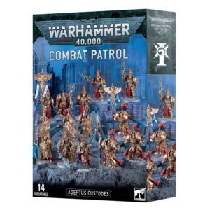 Boîte de jeu officielle Warhammer 40,000 pour l'ensemble de départ "Combat Patrol" de la faction Adeptus Custodes, correspondant au produit Patrouille Adeptus Custodes. L'illustration principale présente un groupe de 14 figurines d'élite en armures de plaques d'or étincelantes avec des capes et des plumets rouges rétros. Les guerriers portent de longues lances énergétiques, des épées et des boucliers massifs. Parmi eux se trouvent des gardes en armure Terminator plus lourde et des bannières impériales ornées d'aigles bicéphales. Les figurines sont disposées sur un sol rocheux gris devant un arrière-plan industriel futuriste teinté de bleu et de structures en ruines. Le haut de la boîte affiche les logos "Warhammer 40,000" et "Combat Patrol", tandis que le bas indique "Adeptus Custodes" et la mention "14 miniatures".