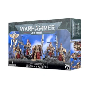 Photo de face de l'emballage de la boîte de figurines Custodian Wardens (Adeptus Custodes). Le logo officiel "WARHAMMER 40,000" est positionné en haut au centre. L'illustration principale met en scène cet ensemble de cinq fiers guerriers Custodes revêtus d'armures dorées étincelantes, de capes et de pagnes d'un rouge profond. Ils manient de grandes haches et lances d'énergie sur un sol de roche noire, se détachant sur un fond brumeux bleu aux silhouettes de ruines gothiques. En bas, un bandeau noir indique "ADEPTUS CUSTODES CUSTODIAN WARDENS" avec la mention "5 MINIATURES" visible dans le coin inférieur gauche.