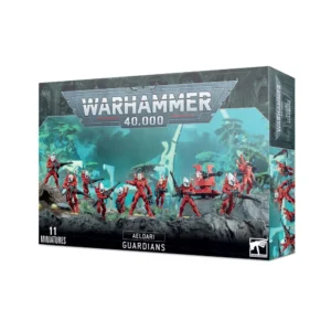 Boîte de produit officielle Warhammer 40,000 présentant le kit d'unité des Gardiens de Choc (Aeldari Guardians). L'illustration de couverture dévoile une troupe de dix guerriers extraterrestres en armure intégrale d'un rouge vif éclatant avec des casques blancs ou des têtes nues, accompagnés d'une plateforme d'arme lourde antigrav également rouge. Ils sont déployés sur un sol rocheux et sombre, sur fond de jungle extraterrestre baignée dans des tons de bleu turquoise et vert. Le grand logo gris "Warhammer 40,000" trône en haut de la boîte. La bande noire en bas indique à gauche "11 Miniatures", au centre "Aeldari Guardians" et affiche le logo blanc Citadel Miniatures à droite.