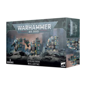 Boîte de produit officielle Warhammer 40,000 pour l'unité Astra Militarum Bullgryns, mettant en scène trois imposantes figurines d'abhumains lourdement armés sur un champ de bataille en ruines. Le logo gris et métallique "Warhammer 40,000" domine le haut de l'emballage. Au centre, l'illustration montre les trois Taurogryns (bullgryns) à la peau claire et à la musculature hypertrophiée, équipés d'armures de plaques turquoise, de gantelets grenadiers et de grands boucliers de type pavois ornés de bandes de danger jaunes et noires. Le fond présente un décor urbain apocalyptique sous un ciel sombre et embrasé. En bas de la boîte, les mentions "3 Miniatures" et "Astra Militarum Bullgryns" sont inscrites en blanc sur fond noir, accompagnées du logo officiel de l'aigle de Games Workshop dans le coin inférieur droit.